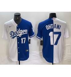 Men Los Angeles Dodgers 17 Shohei Ohtani White Blue Split Cool Base Stitched Baseball Jersey 1 Men Los Angeles Dodgers 17 Shohei Ohtani White Blue Split Cool Base Stitched Baseball Jersey 1