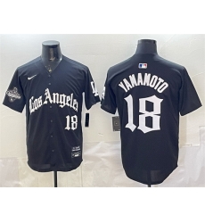 Men Los Angeles Dodgers 18 Yoshinobu Yamamoto Black LA Gothic Style With 2025 World Series Champions Patch Limited Stitched Baseball Jersey