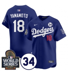 Men Los Angeles Dodgers 18 Yoshinobu Yamamoto Royal 2024 World Series With No 34 Patch Limited Stitched Baseball Jersey Men Los Angeles Dodgers 18 Yoshinobu Yamamoto Royal 2024 World Series With No 34 Patch Limited Stitched Baseball Jersey