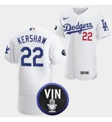 Men Los Angeles Dodgers 22 Clayton Kershaw 2022 White Vin Scully Patch Flex Base Stitched Baseball Jersey Men Los Angeles Dodgers 22 Clayton Kershaw 2022 White Vin Scully Patch Flex Base Stitched Baseball Jersey