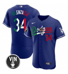 Men Los Angeles Dodgers 34 Fernando Valenzuela Royal Mexico Special Vin Scully Patch Flex Base Stitched Baseball Jersey