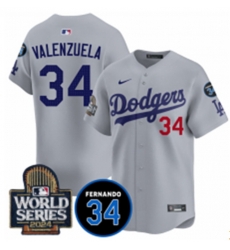 Men Los Angeles Dodgers 34 Toro Valenzuela Grey 2024 World Series With Fernando Memorial Patch Limited Stitched Baseball Jersey Men Los Angeles Dodgers 34 Toro Valenzuela Grey 2024 World Series With Fernando Memorial Patch Limited Stitched Baseball Jersey