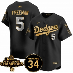 Men Los Angeles Dodgers 5 Freddie Freeman Black Gold 2024 World Series Champions  26 Fernando Memorial Patch Vapor Premier Limited Stitched Baseball Jersey