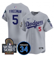 Men Los Angeles Dodgers 5 Freddie Freeman Grey 2024 World Series With Fernando Memorial Patch Limited Stitched Baseball Jersey Men Los Angeles Dodgers 5 Freddie Freeman Grey 2024 World Series With Fernando Memorial Patch Limited Stitched Baseball Jersey
