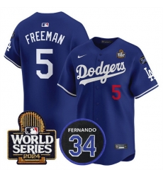 Men Los Angeles Dodgers 5 Freddie Freeman Royal 2024 World Series With Fernando Memorial Patch Limited Stitched Baseball Jersey Men Los Angeles Dodgers 5 Freddie Freeman Royal 2024 World Series With Fernando Memorial Patch Limited Stitched Baseball Jersey