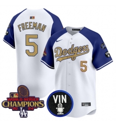 Men Los Angeles Dodgers 5 Freddie Freeman White Royal Gold 2024 World Series Champions With Vin Scully 26 34 Fernando Patch Vapor Limited Stitched Basebal Men Los Angeles Dodgers 5 Freddie Freeman White Royal Gold 2024 World Series Champions With Vin Scully 26 34 Fernando Patch Vapor Limited Stitched Basebal