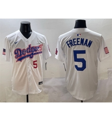 Men Los Angeles Dodgers 5 Freddie Freeman White With American Flag Patch Limited Stitched Baseball Jersey