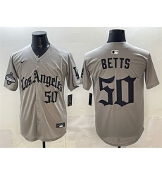 Men Los Angeles Dodgers 50 Mookie Betts Grey LA Gothic Style With 2025 World Series Champions Patch Limited Stitched Baseball Jersey Men Los Angeles Dodgers 50 Mookie Betts Grey LA Gothic Style With 2025 World Series Champions Patch Limited Stitched Baseball Jersey