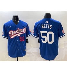 Men Los Angeles Dodgers 50 Mookie Betts Royal With American Flag Patch Limited Stitched Baseball Jersey