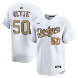 Men Los Angeles Dodgers 50 Mookie Betts White 2025 Gold Collection Limited Stitched Baseball Jersey
