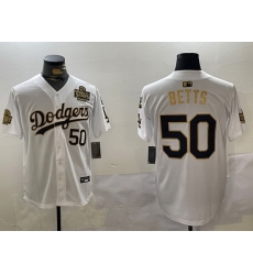 Men Los Angeles Dodgers 50 Mookie Betts White Gold 2024 World Series With Fernando Memorial Patch Limited Stitched Baseball Jersey 2 Men Los Angeles Dodgers 50 Mookie Betts White Gold 2024 World Series With Fernando Memorial Patch Limited Stitched Baseball Jersey 2