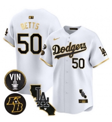 Men Los Angeles Dodgers 50 Mookie Betts White Gold 2025 Vin 26 Kobe Patch Vapor Limited V2 Stitched Baseball Jersey Men Los Angeles Dodgers 50 Mookie Betts White Gold 2025 Vin 26 Kobe Patch Vapor Limited V2 Stitched Baseball Jersey