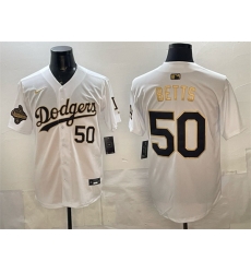 Men Los Angeles Dodgers 50 Mookie Betts White Gold 2025 World Series Champions Patch Limited Stitched Baseball Jersey Men Los Angeles Dodgers 50 Mookie Betts White Gold 2025 World Series Champions Patch Limited Stitched Baseball Jersey