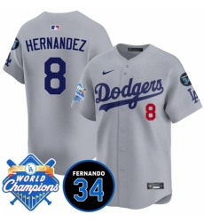 Men Los Angeles Dodgers 8 Enrique Hernandez Grey 2024 World Champions 26 Fernando Memorial Patch Vapor Premier Limited Stitched Baseball Jersey Men Los Angeles Dodgers 8 Enrique Hernandez Grey 2024 World Champions 26 Fernando Memorial Patch Vapor Premier Limited Stitched Baseball Jersey