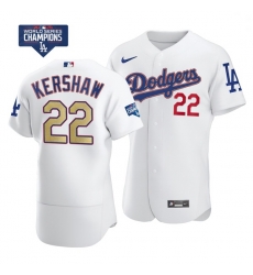 Men Los Angeles Dodgers Clayton Kershaw 22 Gold Program Designed Edition White Flex Base Stitched Jersey Men Los Angeles Dodgers Clayton Kershaw 22 Gold Program Designed Edition White Flex Base Stitched Jersey