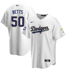Men Los Angeles Dodgers Mookie Betts 50 Championship Gold Trim White Limited All Stitched Cool Base Jersey Men Los Angeles Dodgers Mookie Betts 50 Championship Gold Trim White Limited All Stitched Cool Base Jersey