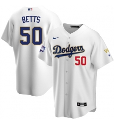Men Los Angeles Dodgers Mookie Betts 50 Championship Gold Trim White Limited All Stitched Flex Base Jersey Men Los Angeles Dodgers Mookie Betts 50 Championship Gold Trim White Limited All Stitched Flex Base Jersey