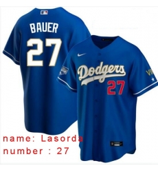 Men Los Angeles Dodgers Tommy Lasorda 27 Championship Gold Trim Blue Limited All Stitched Flex Base Jersey Men Los Angeles Dodgers Tommy Lasorda 27 Championship Gold Trim Blue Limited All Stitched Flex Base Jersey