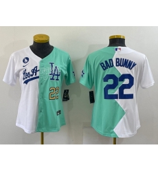Women Los Angeles Dodgers 22 Bad Bunny 2022 All Star White Green Split Stitched Baseball Jersey 28Run Small 291 Women Los Angeles Dodgers 22 Bad Bunny 2022 All Star White Green Split Stitched Baseball Jersey 28Run Small 291