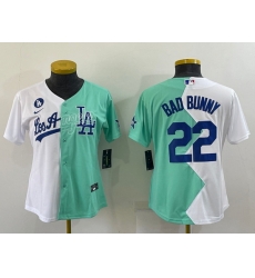 Women Los Angeles Dodgers 22 Bad Bunny 2022 All Star White Green Split Stitched Baseball Jerseys 28Run Small 29 Women Los Angeles Dodgers 22 Bad Bunny 2022 All Star White Green Split Stitched Baseball Jerseys 28Run Small 29