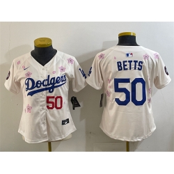 Women Los Angeles Dodgers 50 Mookie Betts Cream 2025 Tokyo Series Limited Stitched Baseball Jersey