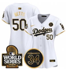 Women Los Angeles Dodgers 50 Mookie Betts White Gold 2024 World Series 26 Fernando Memorial Patch Limited Stitched Baseball Jersey 28Run Small 29 Women Los Angeles Dodgers 50 Mookie Betts White Gold 2024 World Series 26 Fernando Memorial Patch Limited Stitched Baseball Jersey 28Run Small 29