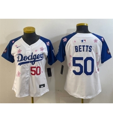 Women Los Angeles Dodgers 50 Mookie Betts White Royal 2025 Tokyo Series Limited Stitched Baseball Jersey Women Los Angeles Dodgers 50 Mookie Betts White Royal 2025 Tokyo Series Limited Stitched Baseball Jersey