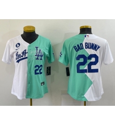 Youth Los Angeles Dodgers 22 Bad Bunny 2022 All Star White Green Split Stitched Jersey Youth Los Angeles Dodgers 22 Bad Bunny 2022 All Star White Green Split Stitched Jersey