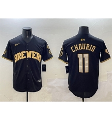 Men Milwaukee Brewers 11 Jackson Chourio Black Gold With Home Patch Limited Stitched Baseball Jersey Men Milwaukee Brewers 11 Jackson Chourio Black Gold With Home Patch Limited Stitched Baseball Jersey