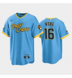 Men Milwaukee Brewers 16 Kolten Wong 2022 Powder Blue City Connect Cool Base Stitched Jersey Men Milwaukee Brewers 16 Kolten Wong 2022 Powder Blue City Connect Cool Base Stitched Jersey