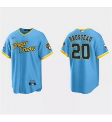 Men Milwaukee Brewers 20 Mike Brosseau Powder Blue 2022 City Connect Cool Base Stitched Jersey Men Milwaukee Brewers 20 Mike Brosseau Powder Blue 2022 City Connect Cool Base Stitched Jersey