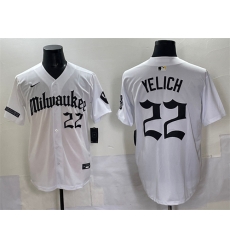 Men Milwaukee Brewers 22 Christian Yelich White 27Gothic 414 Shadows Edition 27 Vapor Premier Limited Stitched Jersey Men Milwaukee Brewers 22 Christian Yelich White 27Gothic 414 Shadows Edition 27 Vapor Premier Limited Stitched Jersey