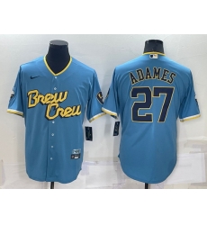 Men Milwaukee Brewers 27 Willy Adames 2022 Powder Blue City Connect Cool Base Stitched Jersey Men Milwaukee Brewers 27 Willy Adames 2022 Powder Blue City Connect Cool Base Stitched Jersey