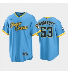 Men Milwaukee Brewers 53 Brandon Woodruff 2022 Powder Blue City Connect Cool Base Stitched Jersey Men Milwaukee Brewers 53 Brandon Woodruff 2022 Powder Blue City Connect Cool Base Stitched Jersey
