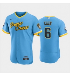 Men Milwaukee Brewers 6 Lorenzo Cain Powder Blue 2022 City Connect Flex Base Stitched MLB Jersey Men Milwaukee Brewers 6 Lorenzo Cain Powder Blue 2022 City Connect Flex Base Stitched MLB Jersey