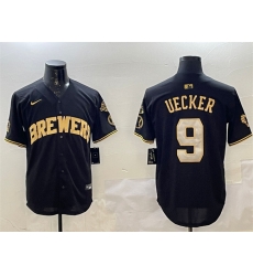 Men Milwaukee Brewers 9 Bob Uecker Black Gold With Home Patch Limited Stitched Baseball Jersey Men Milwaukee Brewers 9 Bob Uecker Black Gold With Home Patch Limited Stitched Baseball Jersey