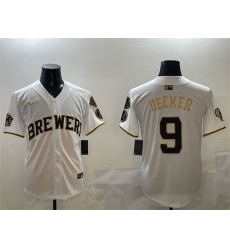 Men Milwaukee Brewers 9 Bob Uecker White Gold With Home Patch Limited Stitched Baseball Jersey Men Milwaukee Brewers 9 Bob Uecker White Gold With Home Patch Limited Stitched Baseball Jersey