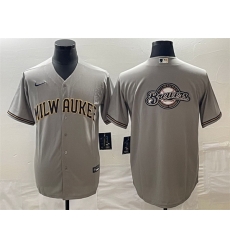 Men Milwaukee Brewers Gray Team Big Logo Cool Base Stitched Jersey Men Milwaukee Brewers Gray Team Big Logo Cool Base Stitched Jersey