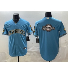 Men Milwaukee Brewers Team Big Logo Blue With Home Bob Uecker Patch Stitched Baseball Jersey Men Milwaukee Brewers Team Big Logo Blue With Home Bob Uecker Patch Stitched Baseball Jersey