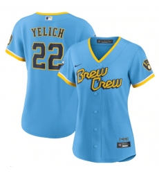 Women Milwaukee Brewers 22 Christian Yelich 2022 Powder Blue City Connect Cool Base Stitched Jersey Women Milwaukee Brewers 22 Christian Yelich 2022 Powder Blue City Connect Cool Base Stitched Jersey