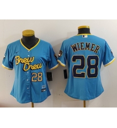 Women Milwaukee Brewers 28 Joey Wiemer Powder Blue City Connect Cool Base Stitched Jersey 2 Women Milwaukee Brewers 28 Joey Wiemer Powder Blue City Connect Cool Base Stitched Jersey 2