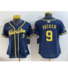 Women Milwaukee Brewers 9 Bob Uecker Navy With Home  26 Bob Uecker Patch Limited Stitched Jersey 28Run Small 29