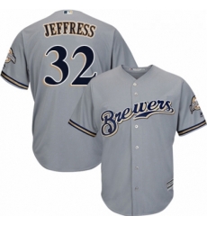 Youth Majestic Milwaukee Brewers 32 Jeremy Jeffress Replica Grey Road Cool Base MLB Jersey 