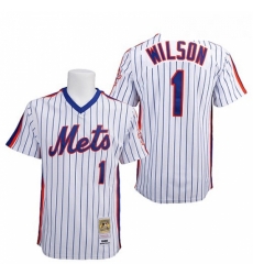 Mens Mitchell and Ness New York Mets 1 Mookie Wilson Authentic WhiteBlue Strip Throwback MLB Jersey Mens Mitchell and Ness New York Mets 1 Mookie Wilson Authentic WhiteBlue Strip Throwback MLB Jersey