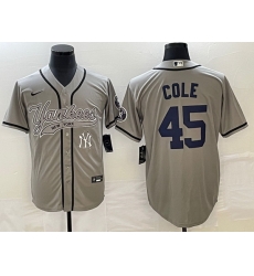 Men New York Yankees 45 Gerrit Cole Gray With Patch Cool Base Stitched Baseball Jersey Men New York Yankees 45 Gerrit Cole Gray With Patch Cool Base Stitched Baseball Jersey
