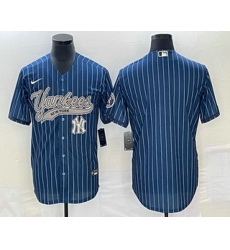 Men's New York Yankees Big Logo Navy Blue Pinstripe Cool Base Stitched Baseball Jerseys Men's New York Yankees Big Logo Navy Blue Pinstripe Cool Base Stitched Baseball Jerseys