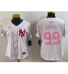 Women New York Yankees 99 Aaron Judge White Pink Pinstripe Limited Stitched Baseball Jersey Women New York Yankees 99 Aaron Judge White Pink Pinstripe Limited Stitched Baseball Jersey
