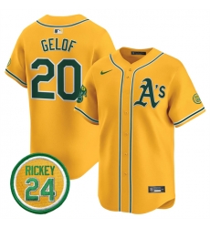 Men Oakland Athletics 20 Zack Gelof Yellow 2024 Limited With Rickey Henderson Patch Stitched Jersey Men Oakland Athletics 20 Zack Gelof Yellow 2024 Limited With Rickey Henderson Patch Stitched Jersey