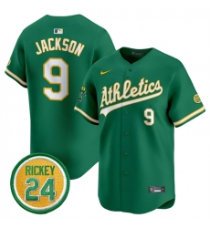Men Oakland Athletics 9 Reggie Jackson Green 2024 Limited With Rickey Henderson Patch Stitched Jersey Men Oakland Athletics 9 Reggie Jackson Green 2024 Limited With Rickey Henderson Patch Stitched Jersey