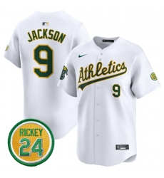 Men Oakland Athletics 9 Reggie Jackson White 2024 Home Limited With Rickey Henderson Patch Stitched Jersey Men Oakland Athletics 9 Reggie Jackson White 2024 Home Limited With Rickey Henderson Patch Stitched Jersey